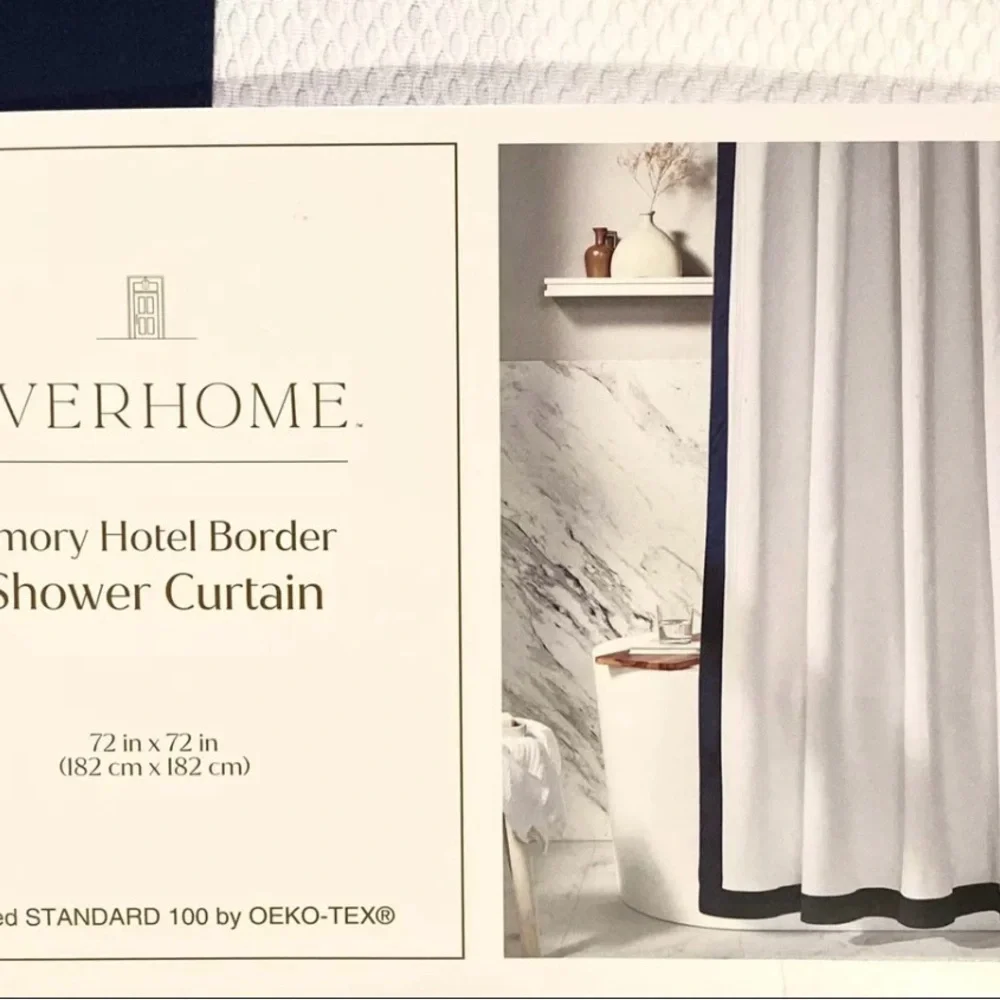 NEW HOTEL LUXURY SHOWER CURTAIN 72 X 72 WHITE w NAVY BORDER 100% COTTON